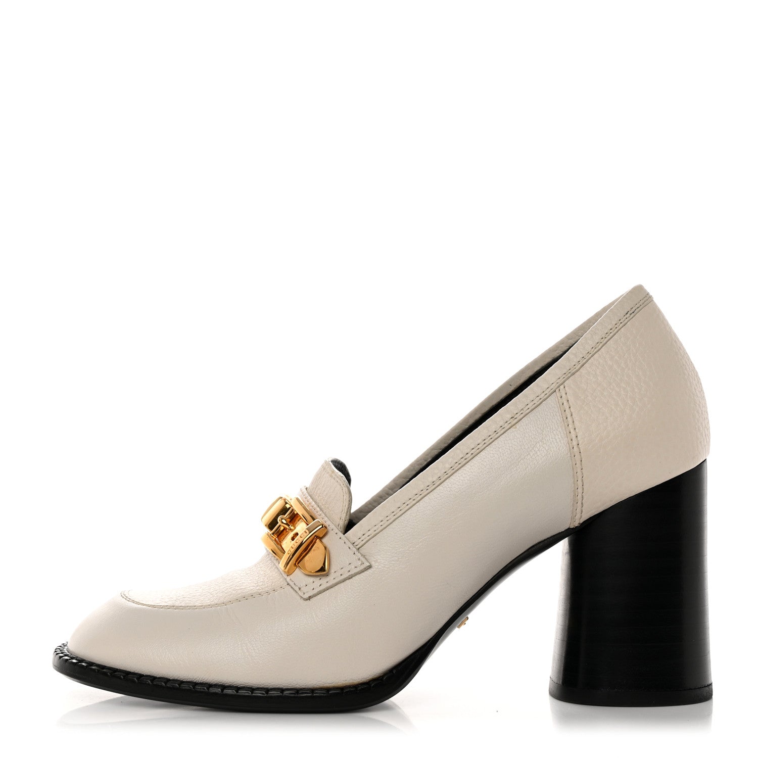Gucci Goatskin Pebbled Calfskin Sylvie Chain Mid Heel Loafers 37.5 Mystic White 1 of 8