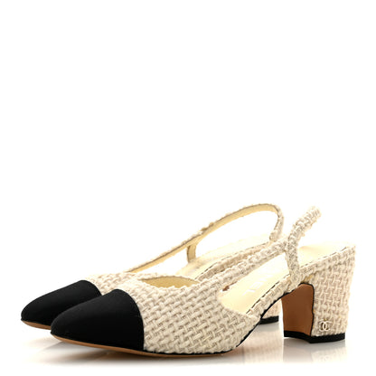 Chanel Tweed Cap Toe CC Slingback Pumps 36 Ivory Black 4 of 9