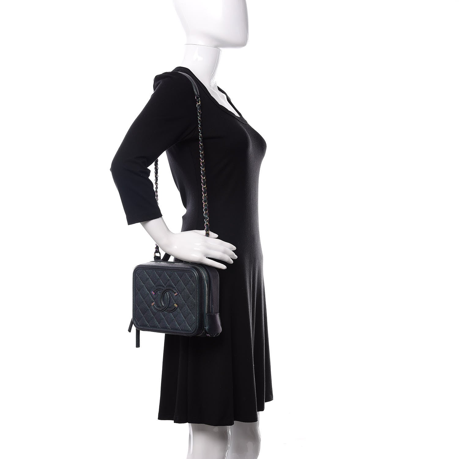 Chanel Iridescent Caviar Quilted Medium CC Filigree Vanity Case Dark Turquoise 2 of 11