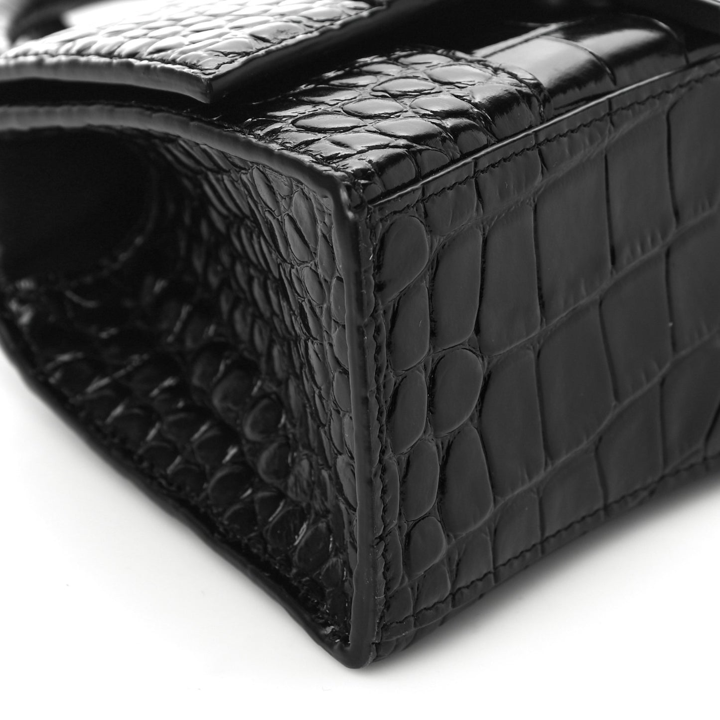Shiny Calfskin Monochrome Crocodile Embossed Hourglass Top Handle Bag XS Black