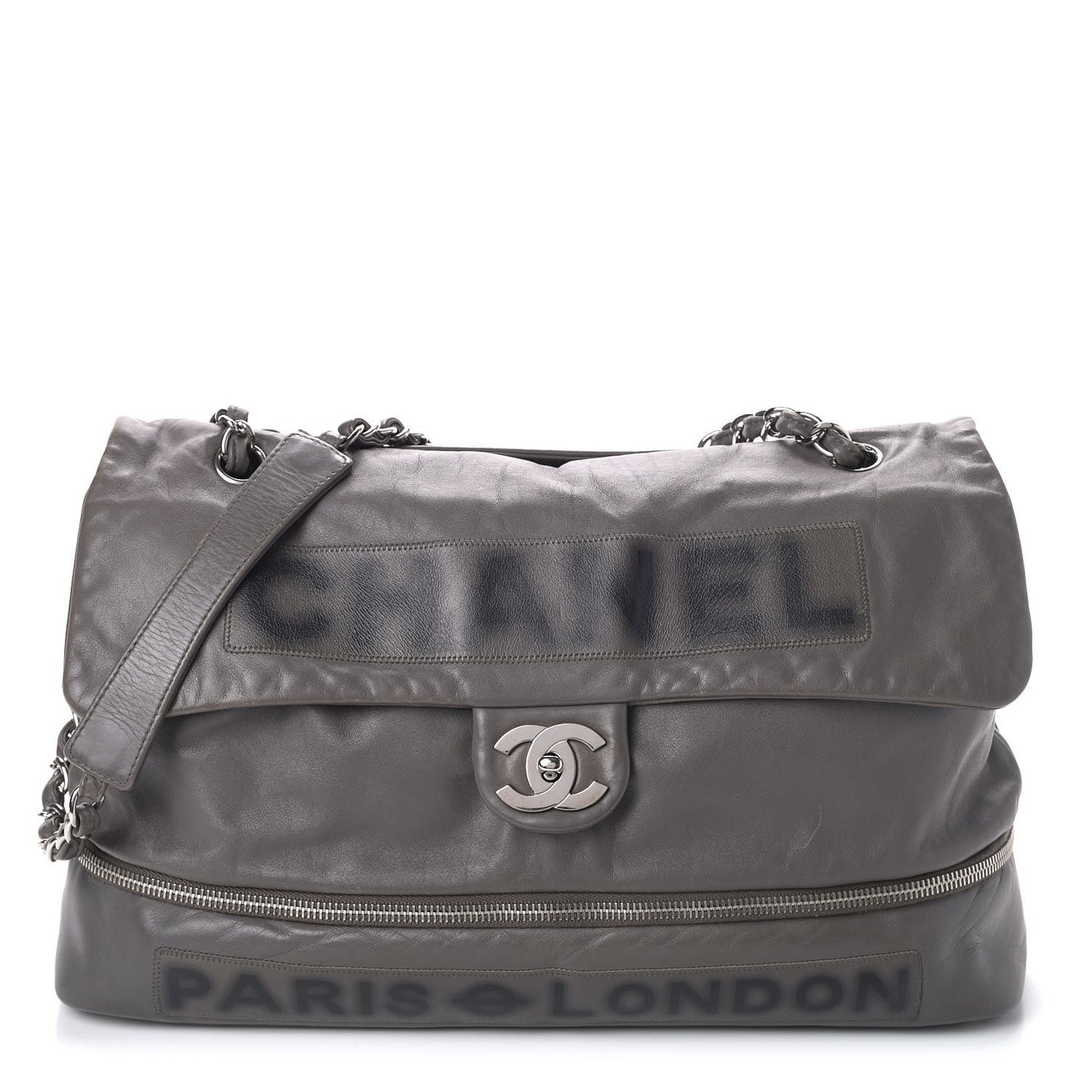Calfskin Large Expandable Paris London Flap Bag Grey