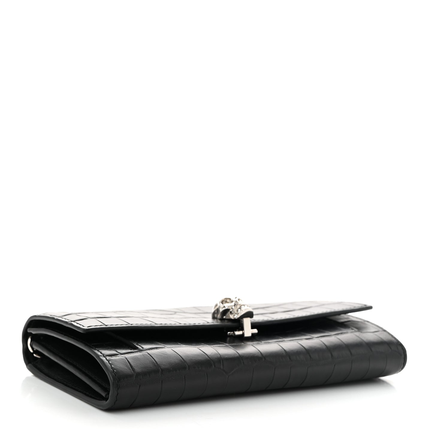 Calfskin Crocodile Embossed Skull Wallet on Chain Black