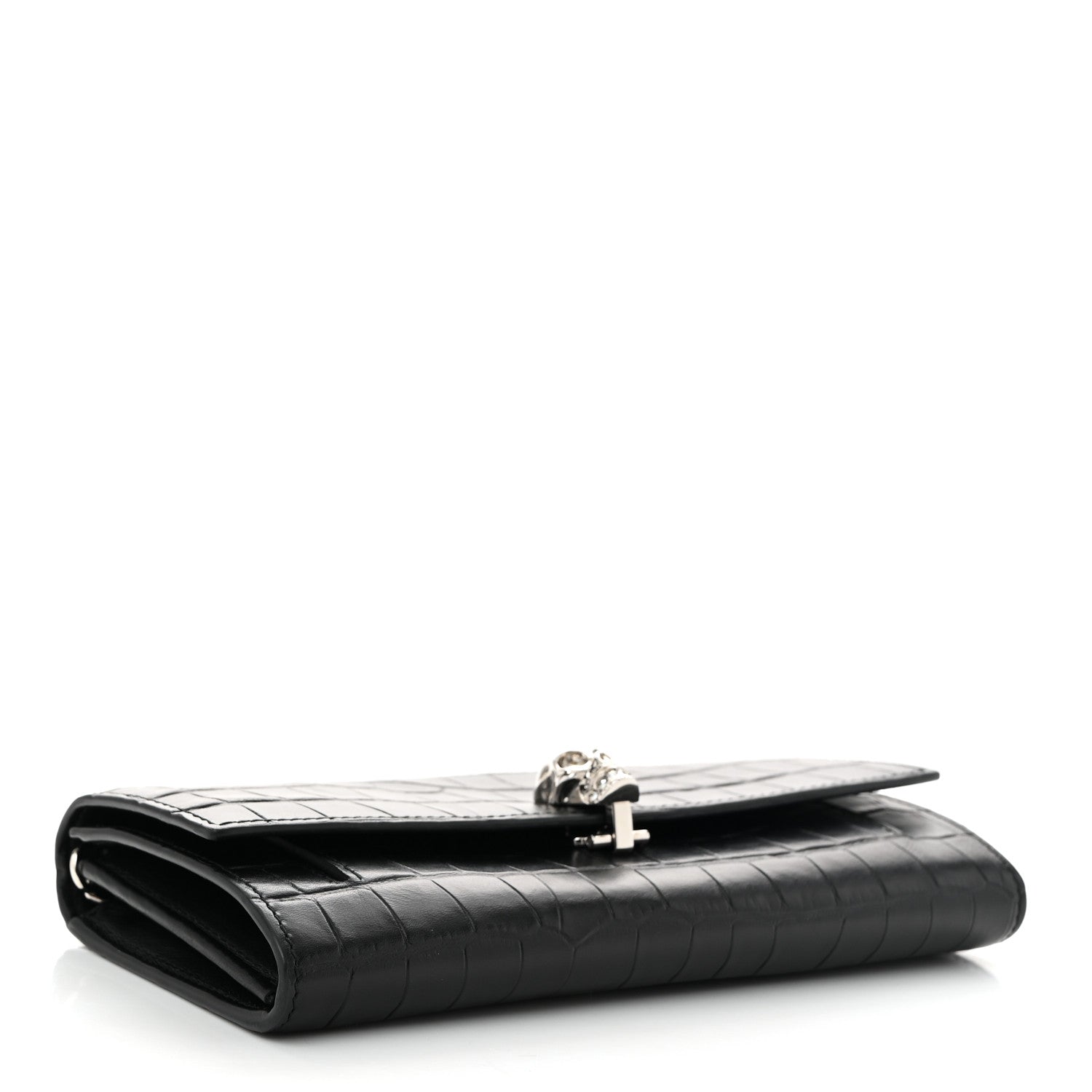 Alexander McQueen Calfskin Crocodile Embossed Skull Wallet on Chain Black 4 of 11