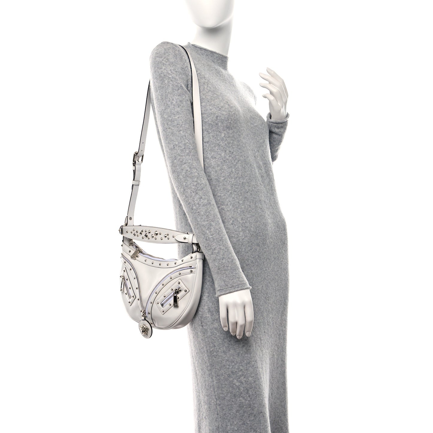 Calfskin Studded Small Repeat Zip Hobo White