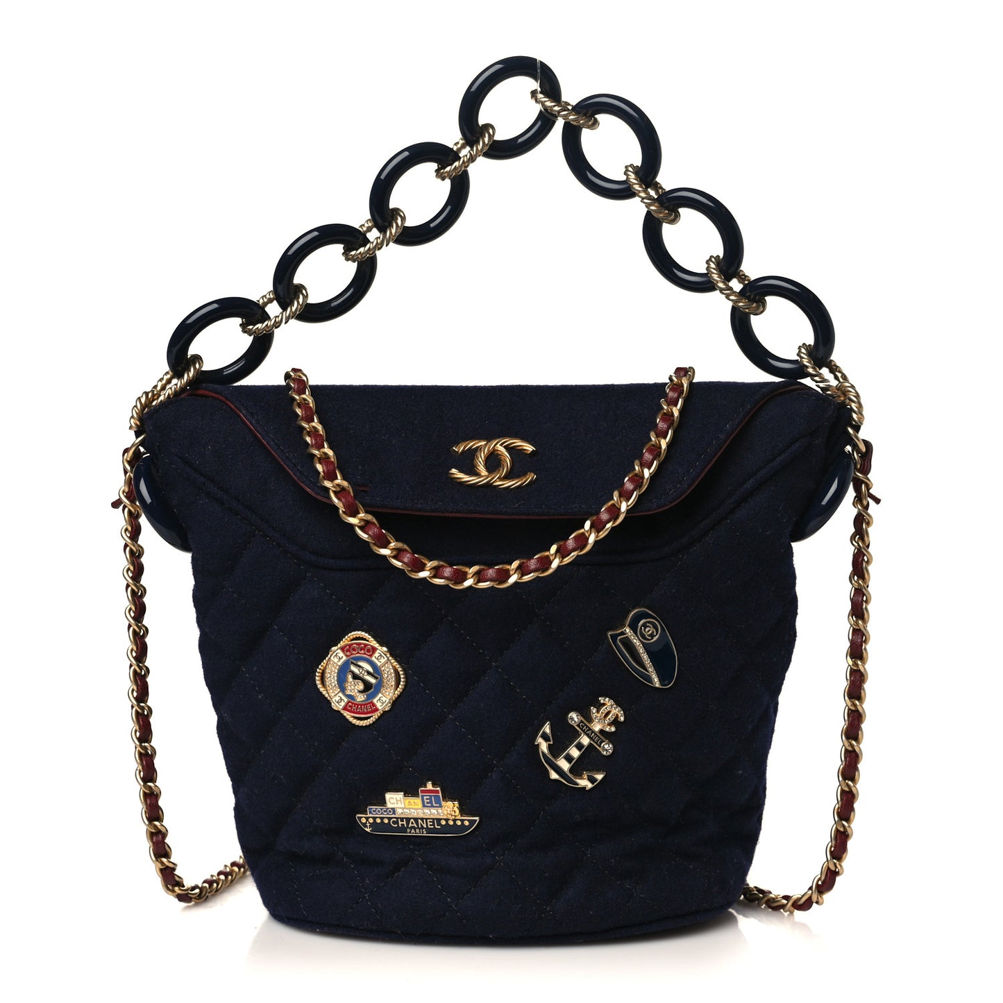 Wool Lambskin Quilted Paris Hamburg Charms Bucket Bag Dark Navy