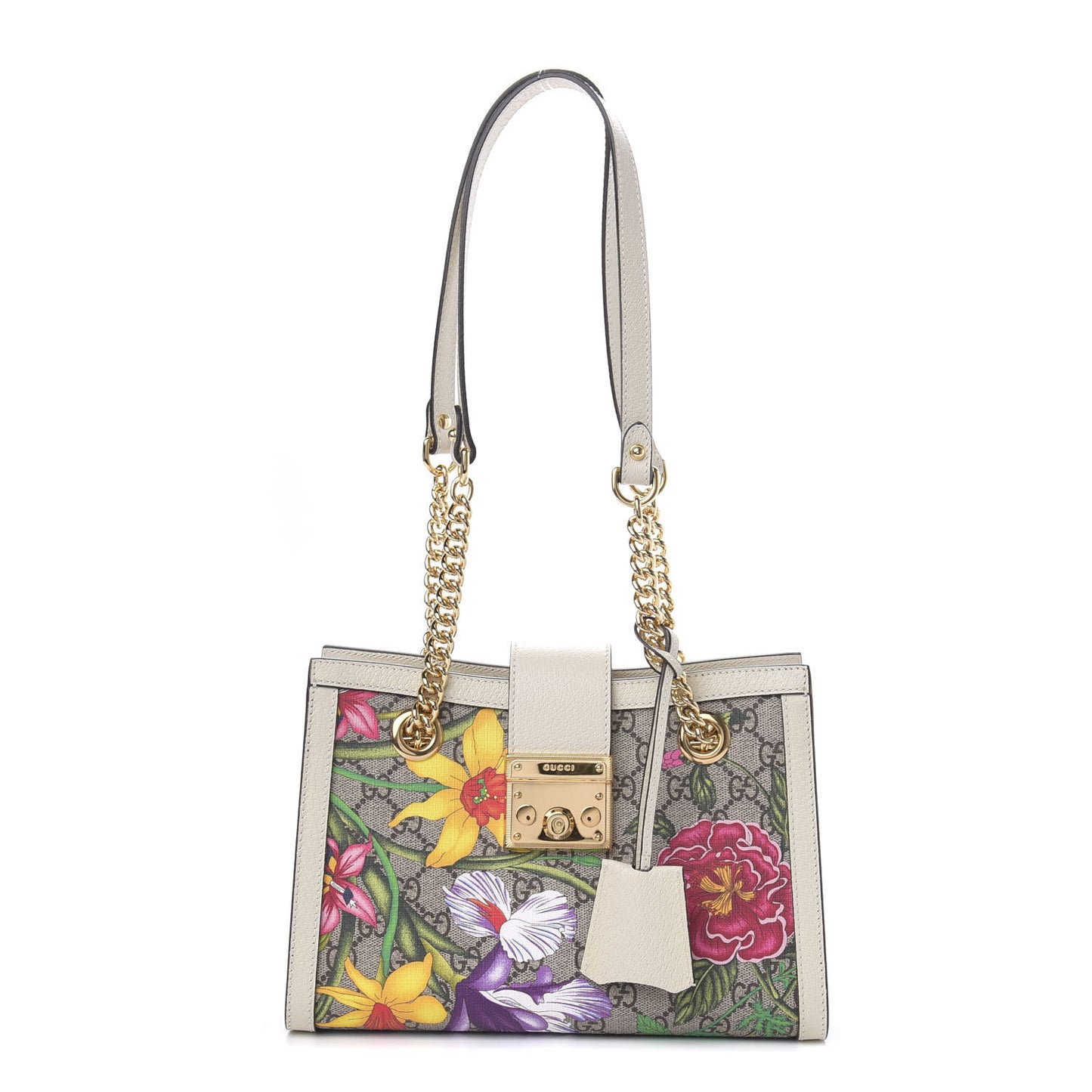 GG Supreme Monogram Flora Textured Calfskin Small Padlock Tote Beige Ebony Multicolor Mystic White
