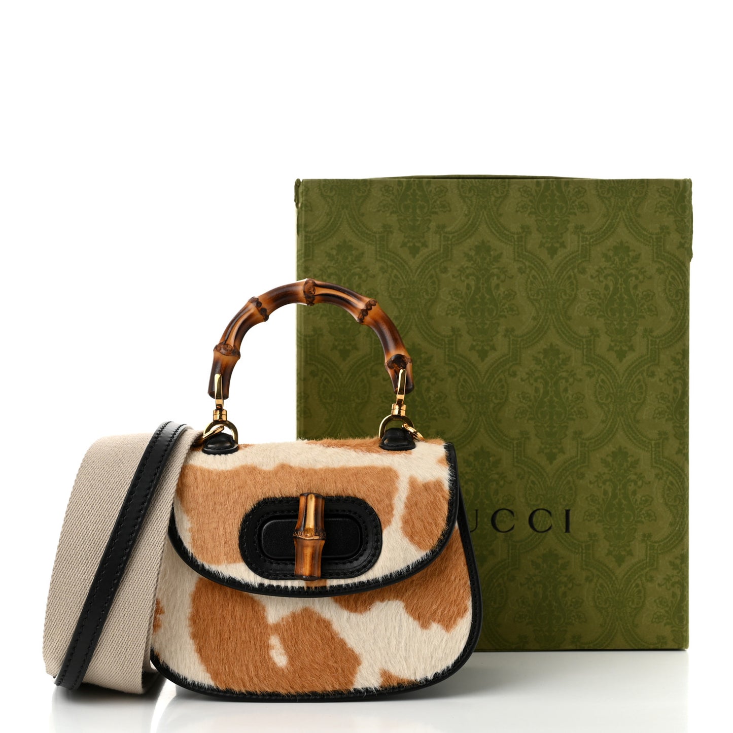 Calfskin Pony Hair Giraffe Print Mini Bamboo 1947 Top Handle Bag Beige Black Multicolor
