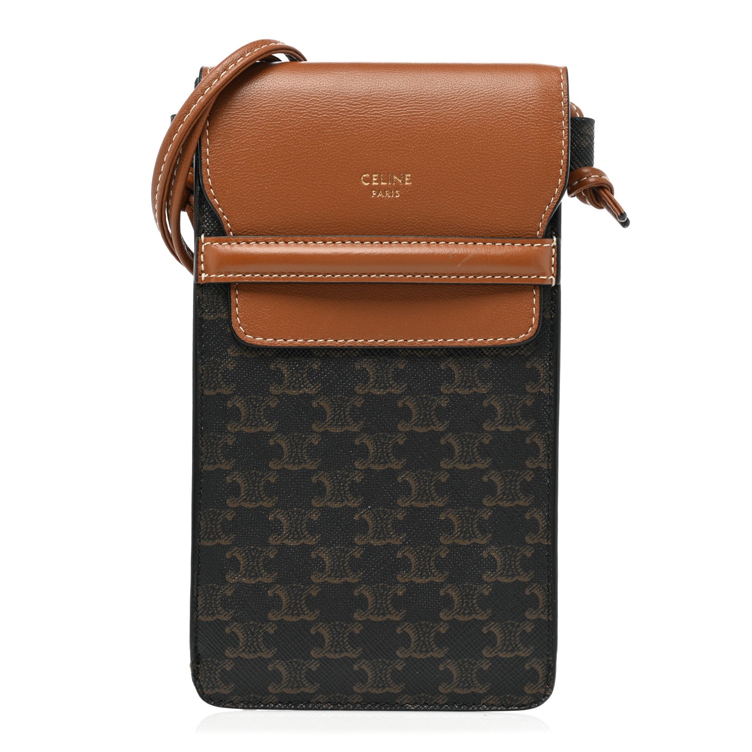 Celine Triomphe Canvas Lambskin Phone Pouch With Flap Tan 1 of 8