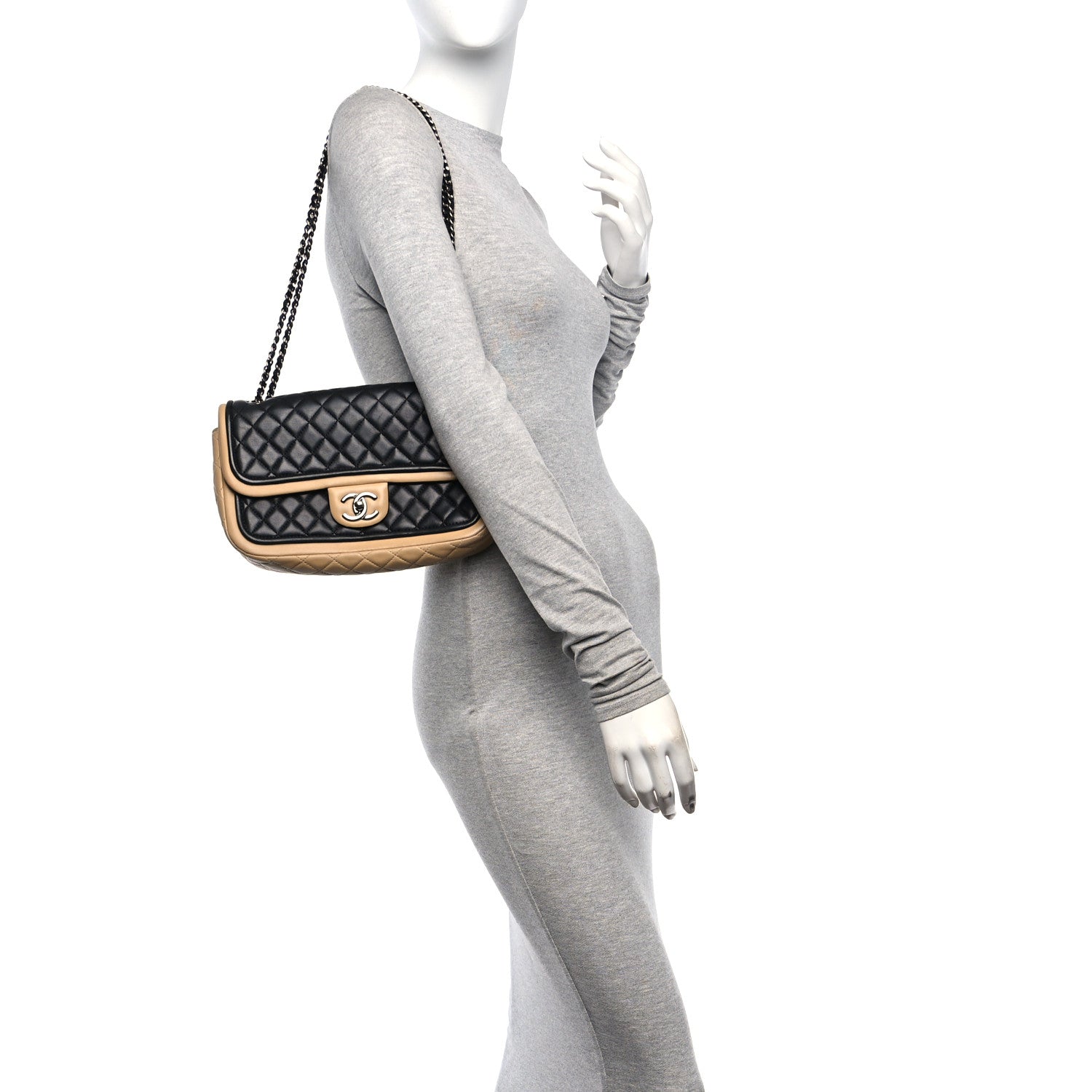 Chanel Lambskin Quilted Jumbo Classic Twist Flap Bag Black Beige 2 of 11