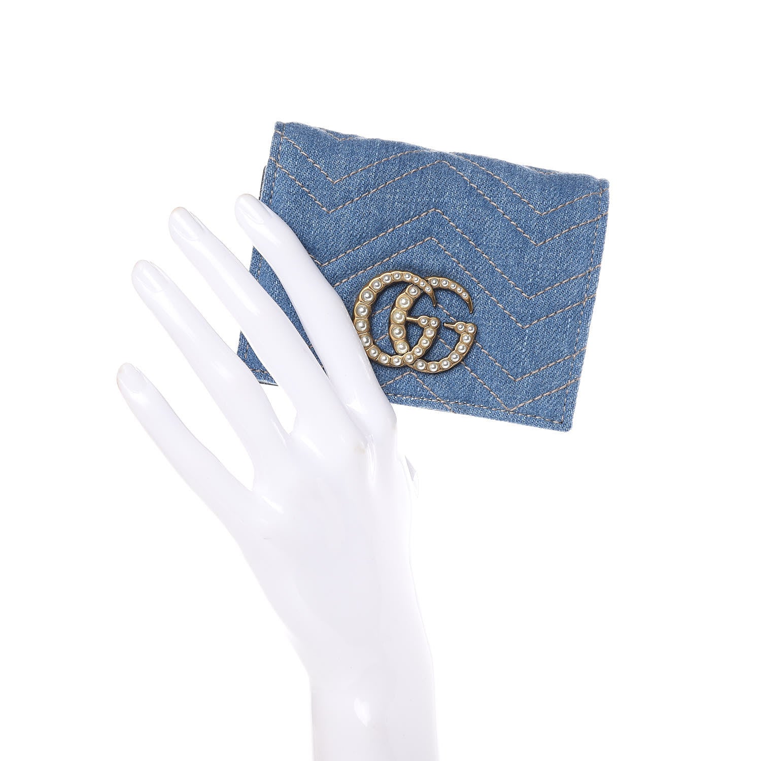 Gucci Denim Matelasse Pearly GG Marmont Card Case Wallet Blue 2 of 8
