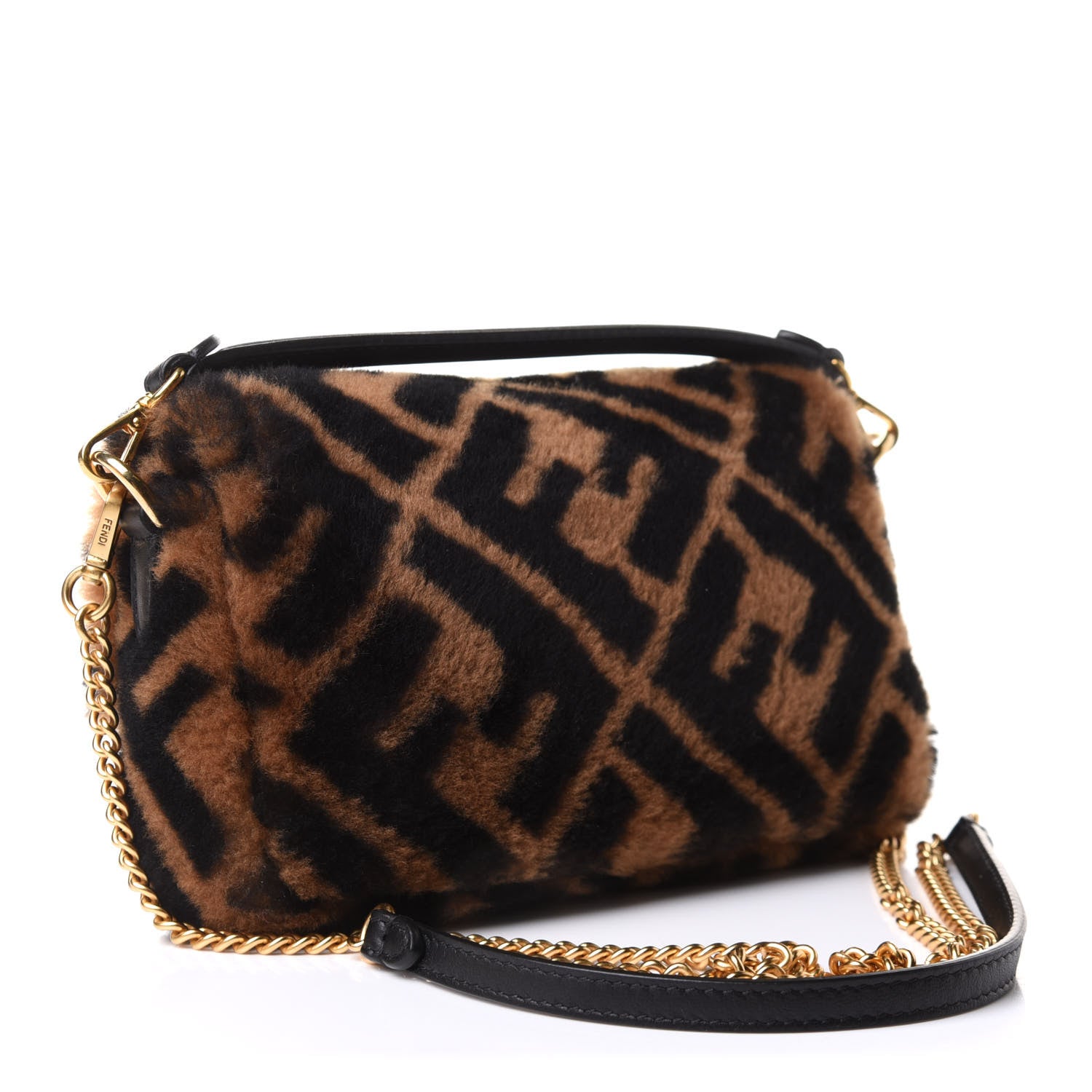 Fendi Shearling Vitello Dolce Macro FF 1974 Mini Baguette Tobacco Black 3 of 13