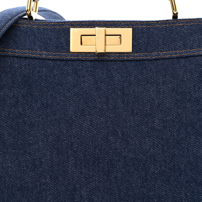 Fendi Denim Fabric Jacquard Cuoio FF 1974 Medium Peekaboo I SEE U Satchel Blue Tobacco Moro 8 of 11