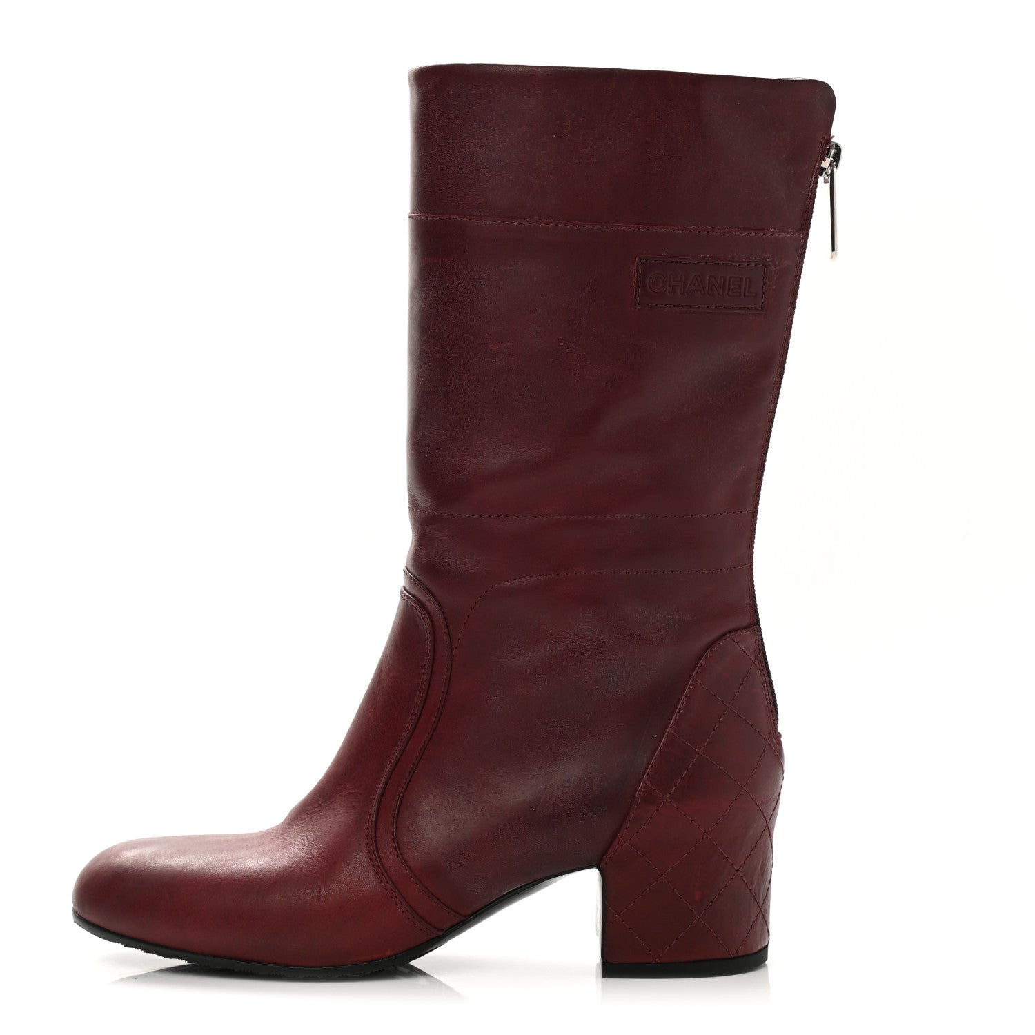 Chanel Calfskin Stitched Boots 39.5 Burgundy 1 of 8