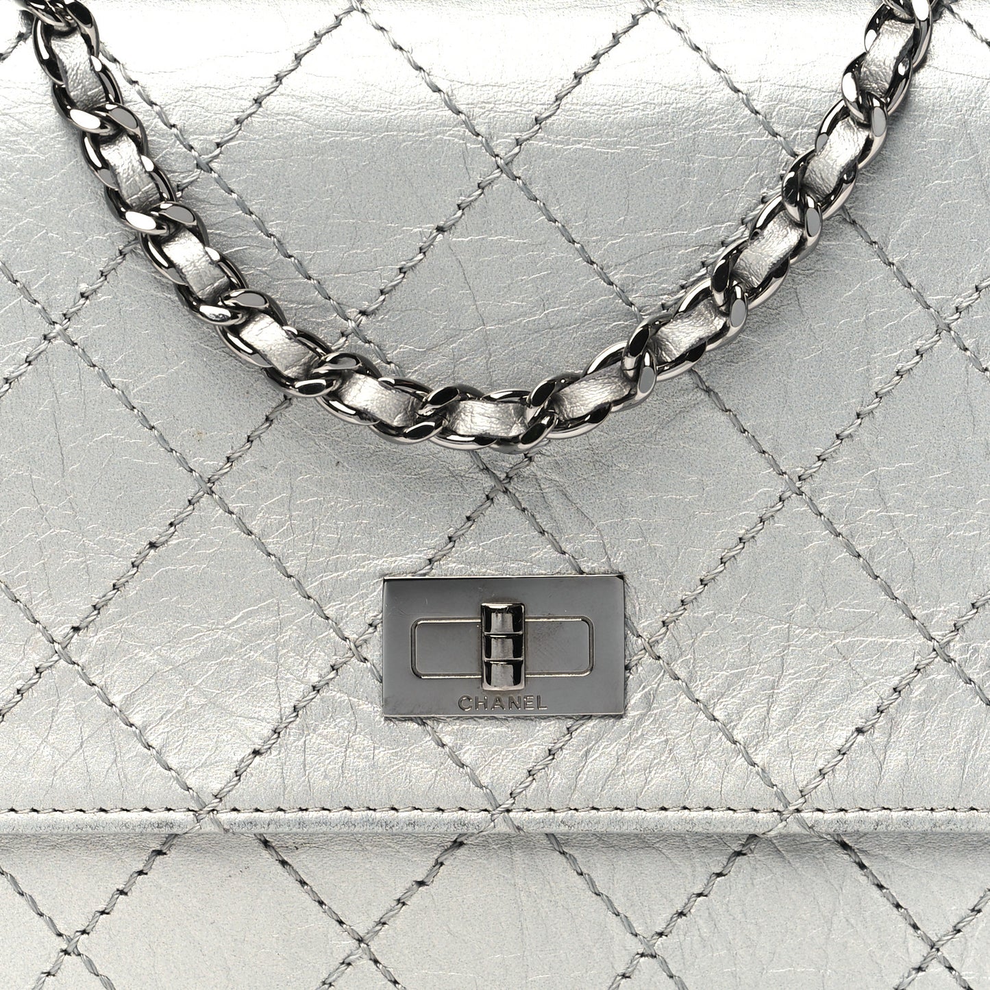 Metallic Aged Calfskin Quilted Reissue Wallet On Chain WOC Silver