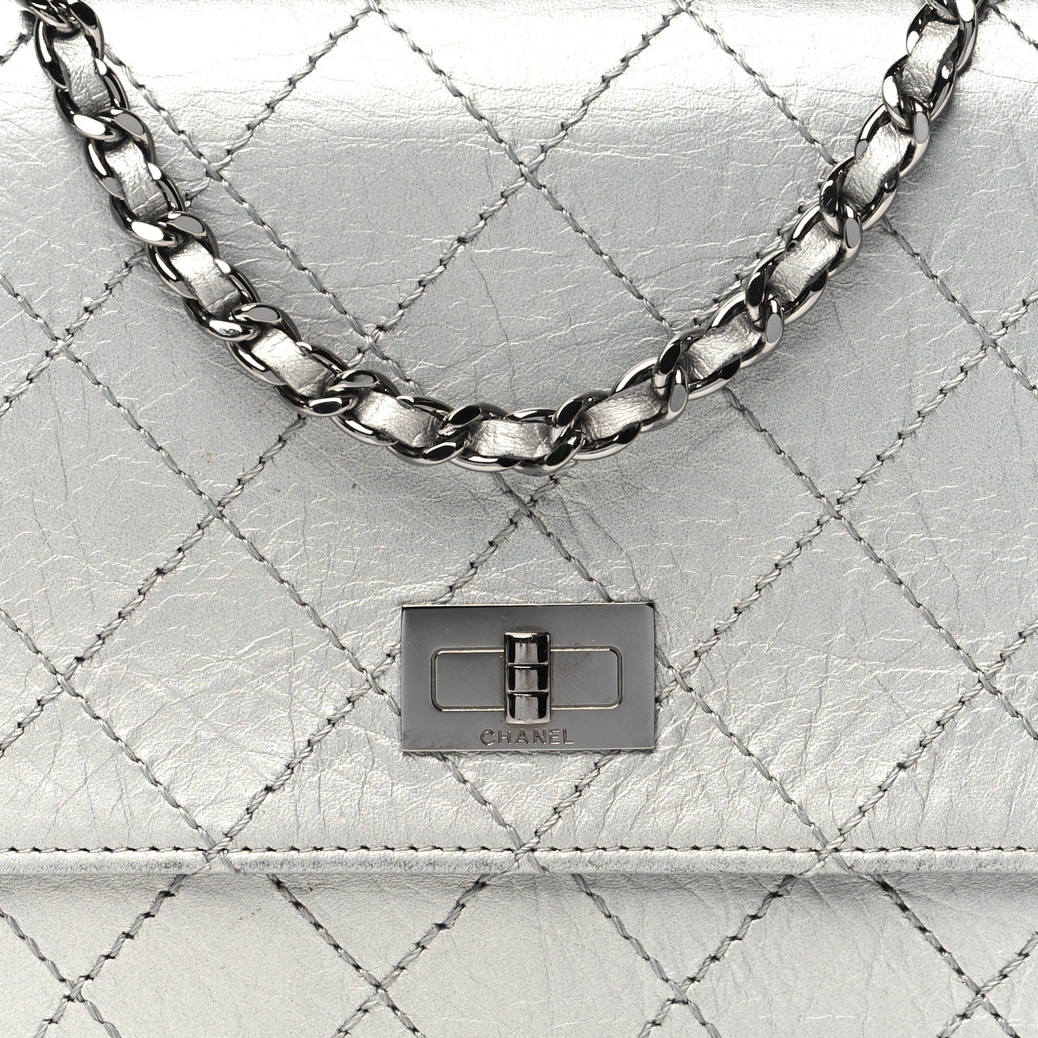 Chanel Metallic Aged Calfskin Quilted Reissue Wallet On Chain WOC Silver 9 of 12