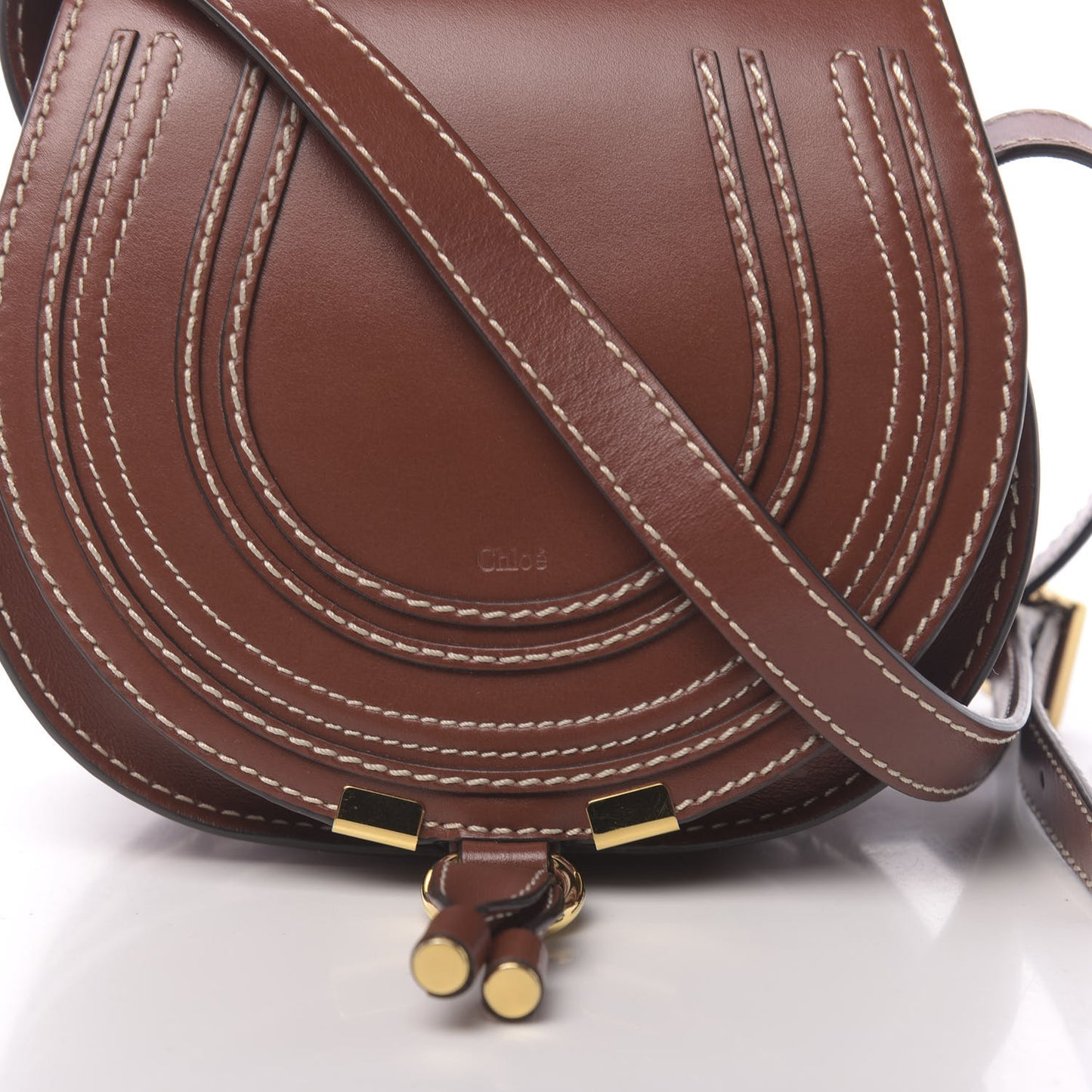 Shiny Calfskin Mini Marcie Round Crossbody Bag Sepia