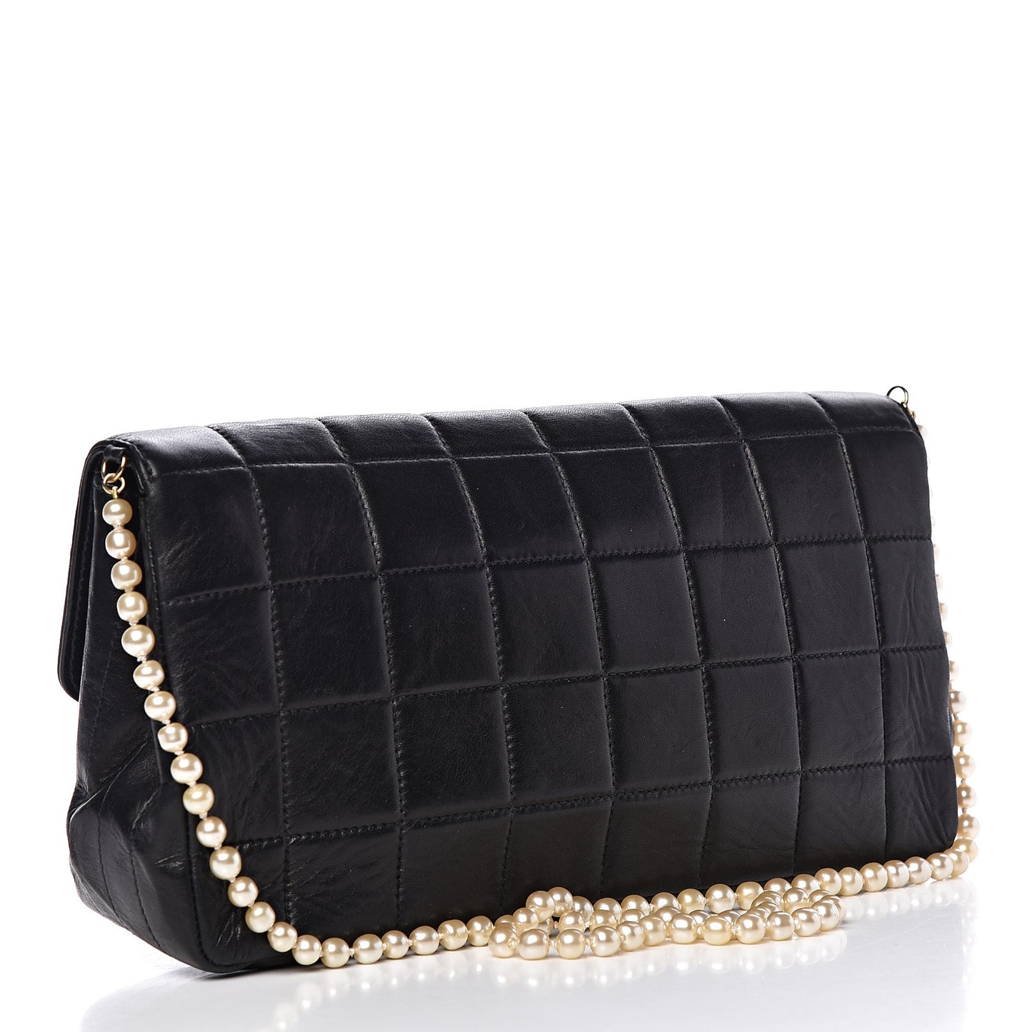 Lambskin Chocolate Bar Pearl Chain Flap Black