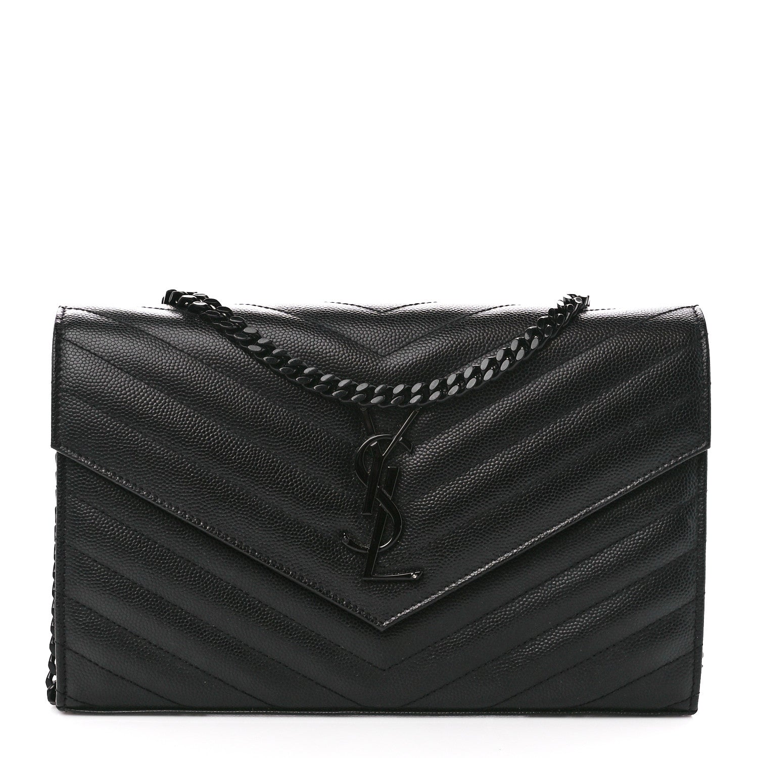 Saint Laurent Grain De Poudre Matelasse Chevron Monogram Monochrome Chain Wallet Black 1 of 13