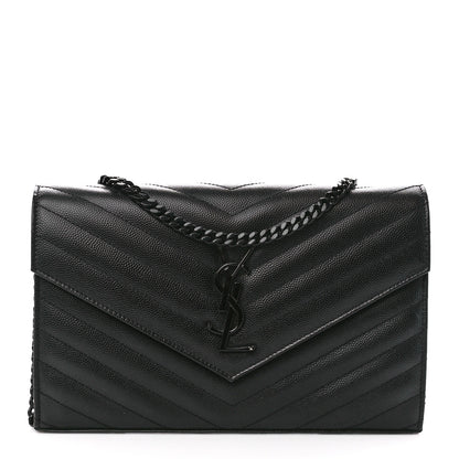 Saint Laurent Grain De Poudre Matelasse Chevron Monogram Monochrome Chain Wallet Black 1 of 13