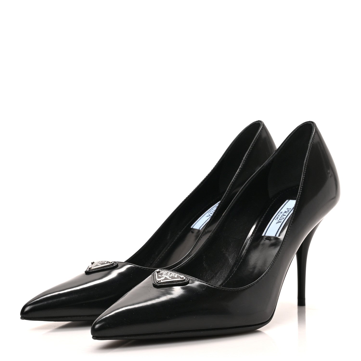 Prada Spazzolato Metal Triangle Logo Pointed Toe Pumps 36.5 Black 2 of 7