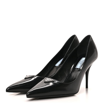 Prada Spazzolato Metal Triangle Logo Pointed Toe Pumps 36.5 Black 2 of 7