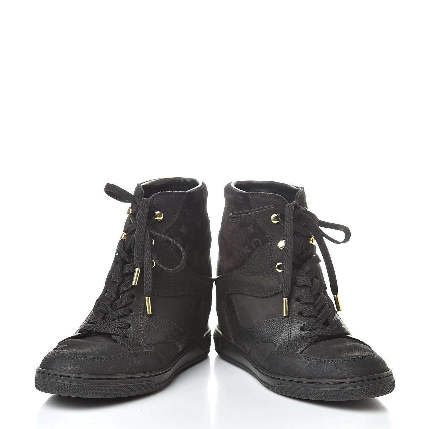 Louis Vuitton Calfskin Suede Monogram Cliff Top Wedge Sneakers 37 Black 6 of 12