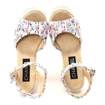 Chanel Tweed Cork CC Wedge Sandals 39 Ecru Pink Blue Green 2 of 8