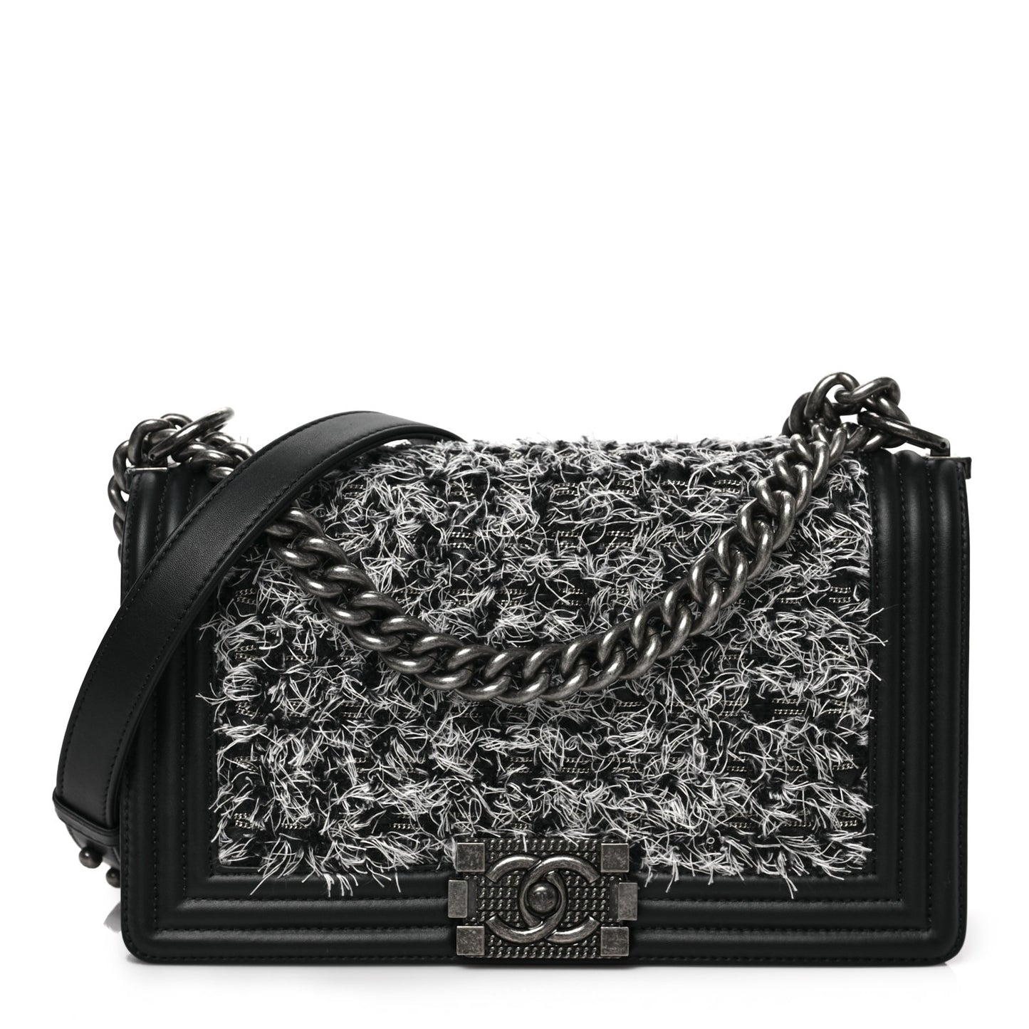 Tweed Calfskin Medium Boy Flap Black White