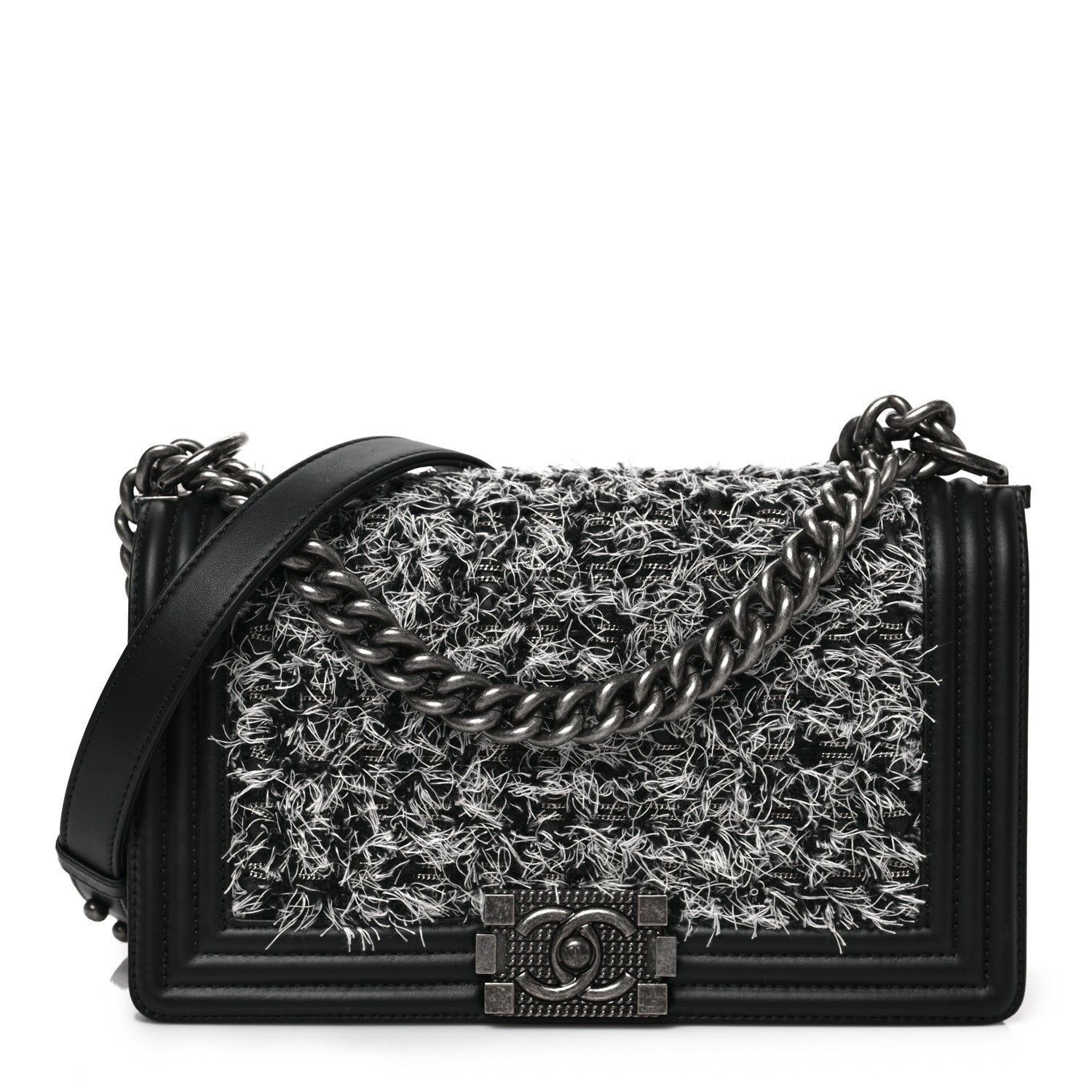 Chanel Tweed Calfskin Medium Boy Flap Black White 1 of 9