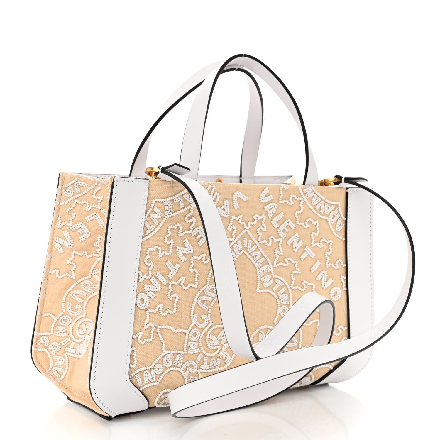 Valentino Garavani Canvas Calfskin Embellished Small Vlogo Signature Tote White Natural 3 of 9