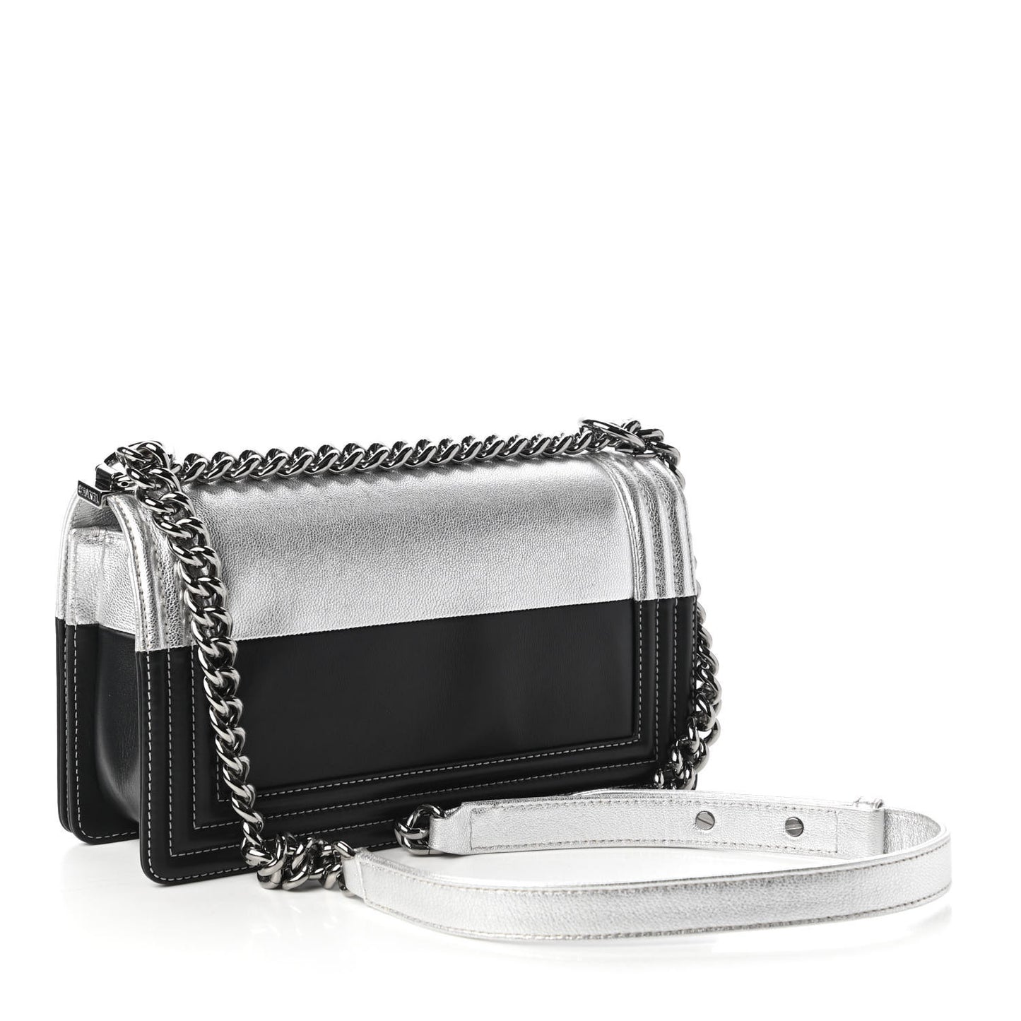 Metallic Goatskin Calfskin Medium Boy Flap Silver Black
