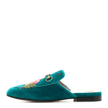 Gucci Velvet Floral Embroidered Womens Princetown Slippers 36.5 Pavone 1 of 11