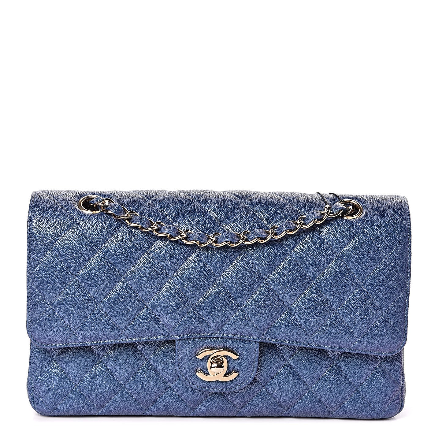 Iridescent Caviar Quilted Medium Double Flap Dark Blue