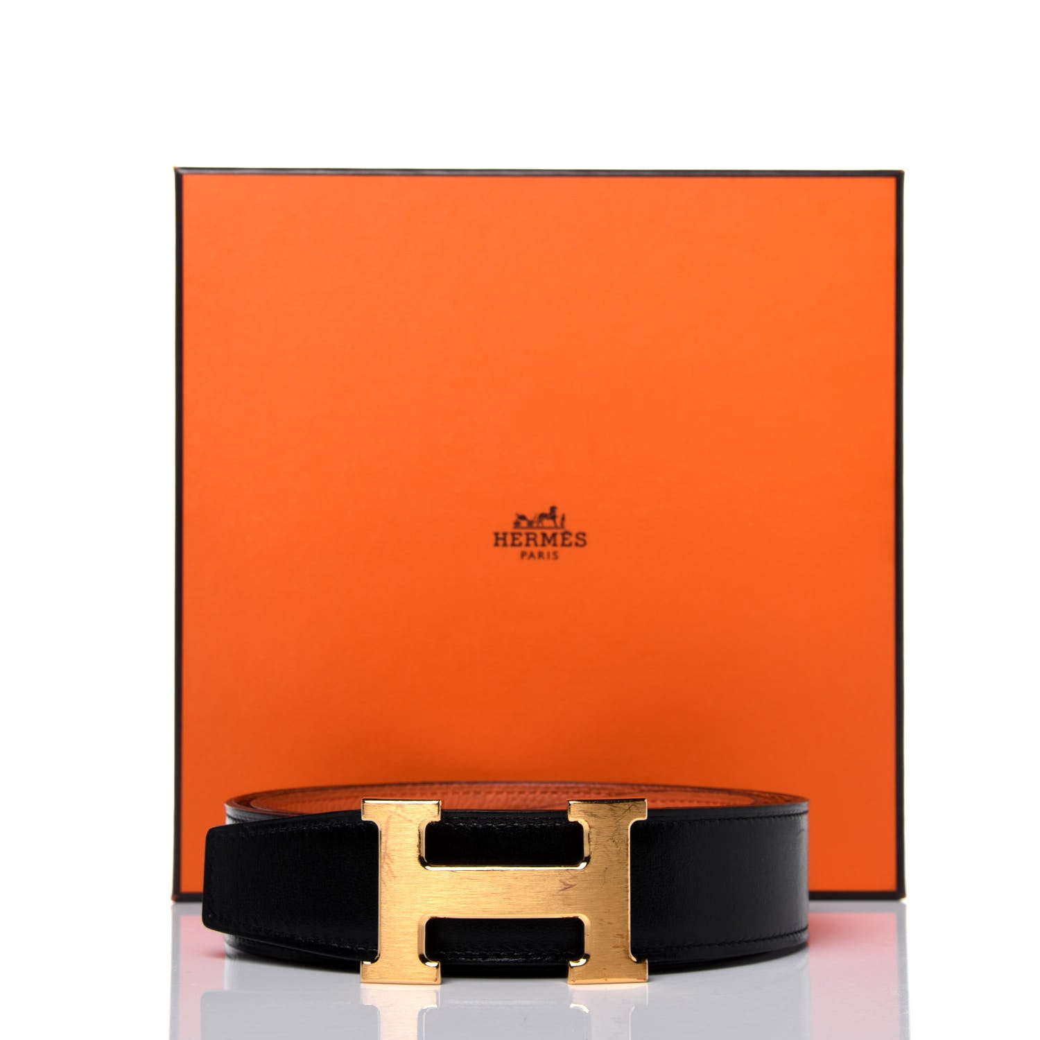 Hermes Box Togo 32mm H Belt 90 Black Orange 10 of 10