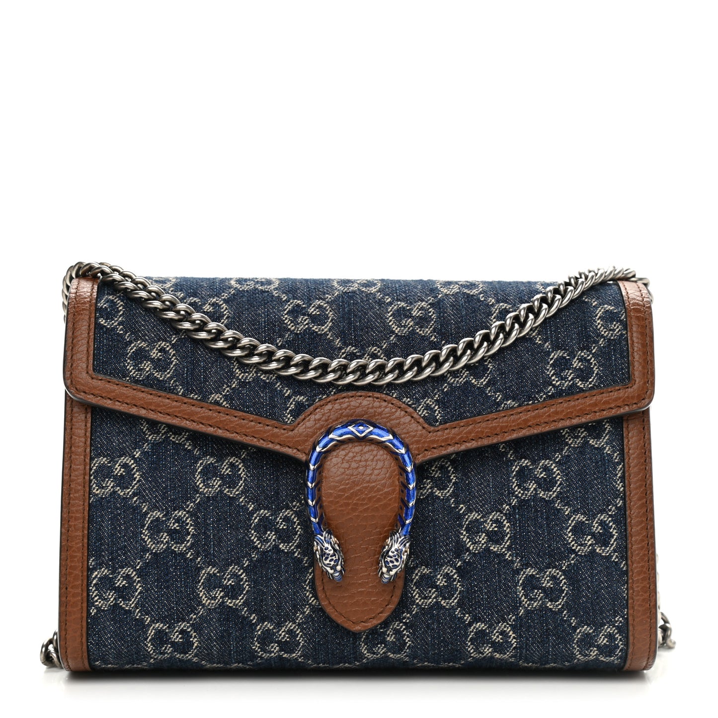 New Denim GG Monogram Dollar Calfskin Enamel Mini Dionysus Chain Wallet Blue Tea Cuir Epilog Electric Blue
