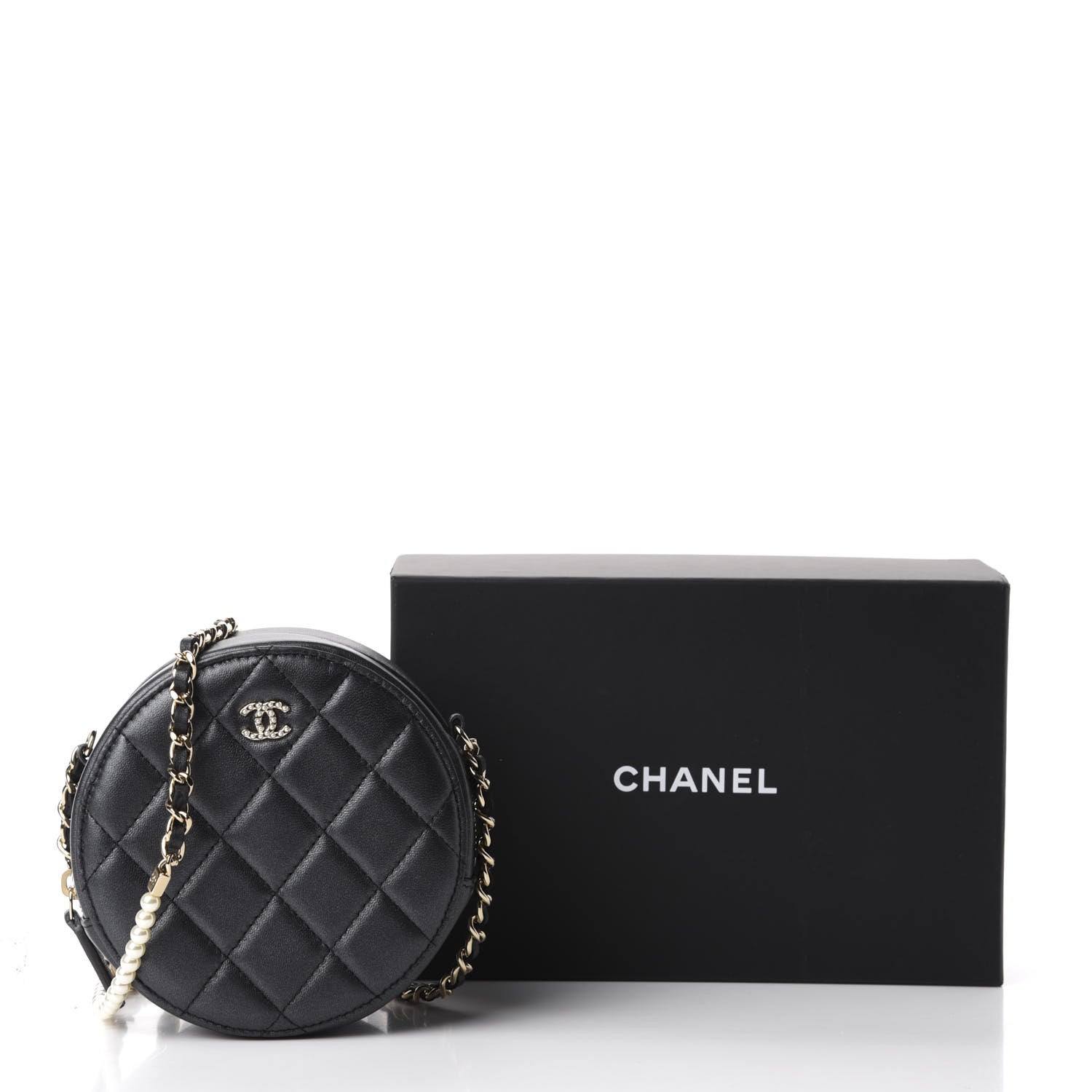 Chanel Iridescent Lambskin Quilted Pearl Round Clutch With Chain Black 11 of 11