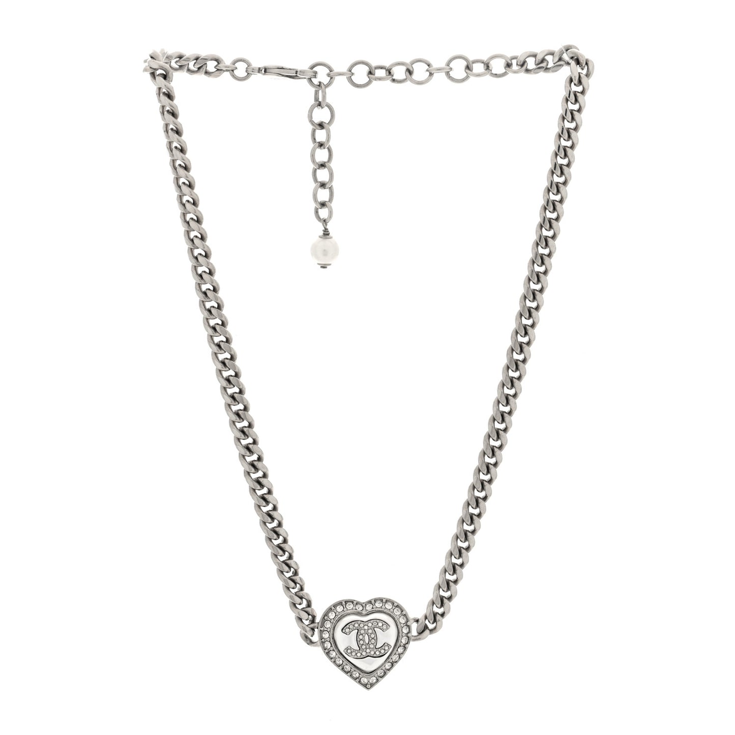 Pearl Crystal CC Heart Choker Necklace Silver