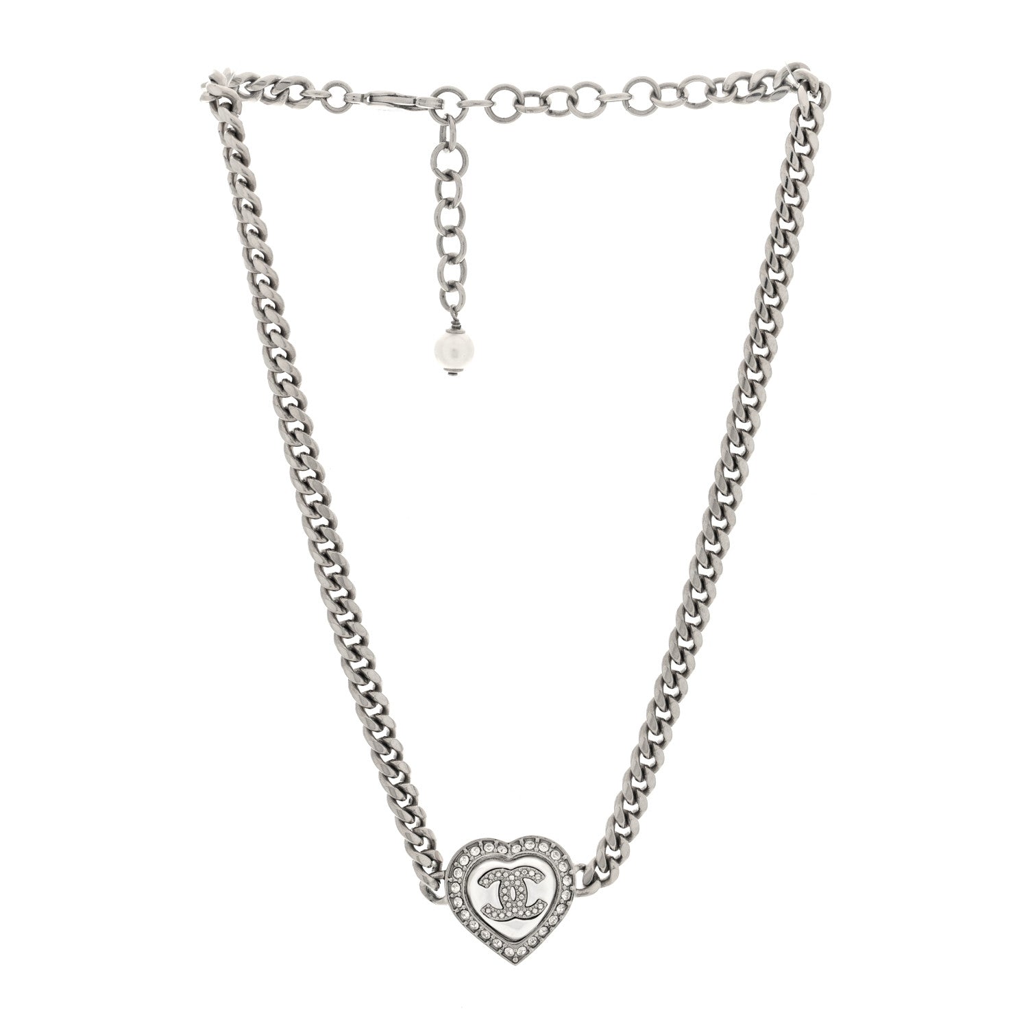 Chanel Pearl Crystal CC Heart Choker Necklace Silver 3 of 4