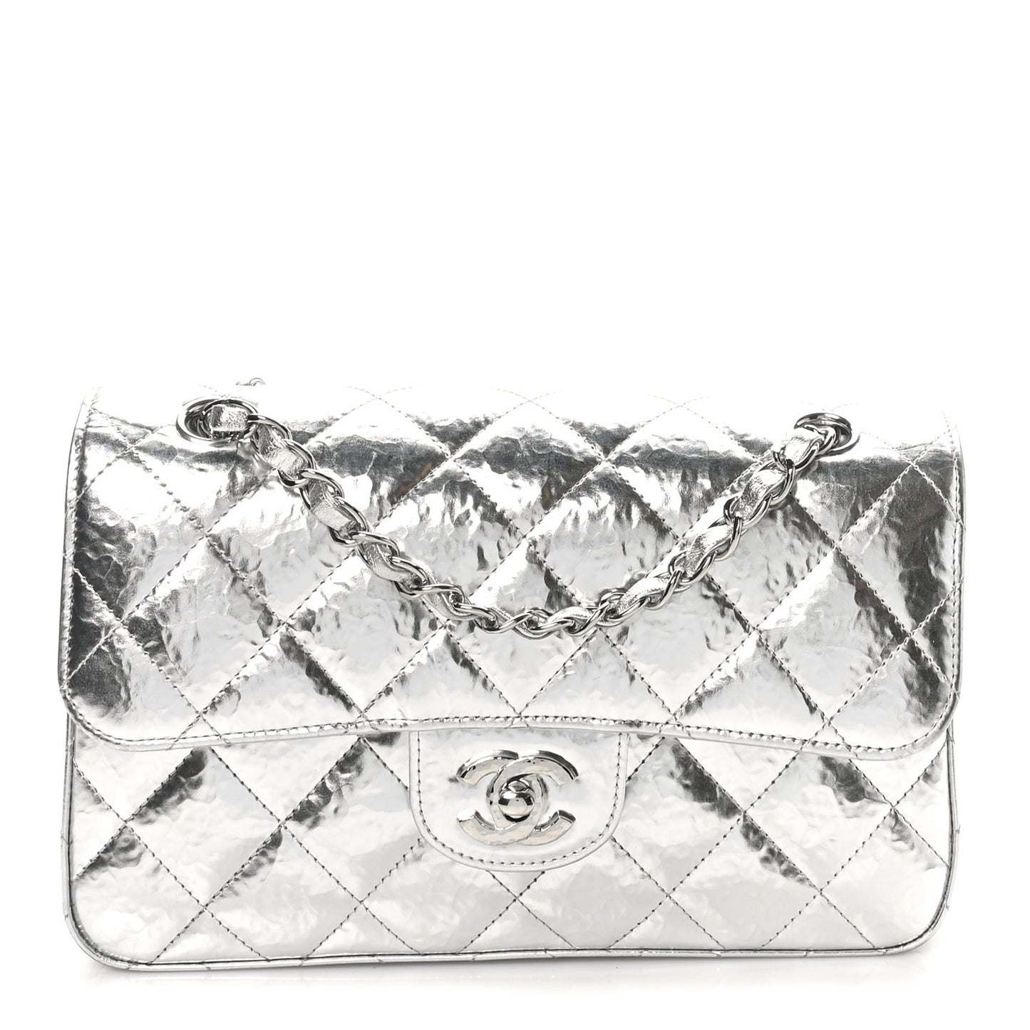 Hammered Metallic Calfskin Quilted Small Double Flap Silver