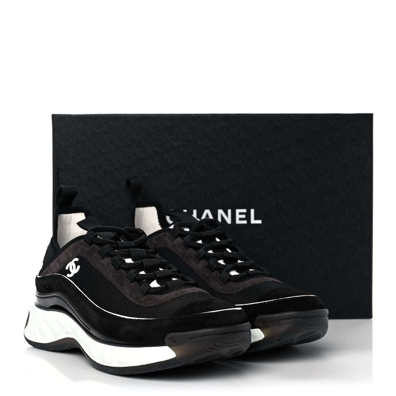 Chanel Fabric Suede CC Sneakers 38 Black Dark Grey 11 of 11
