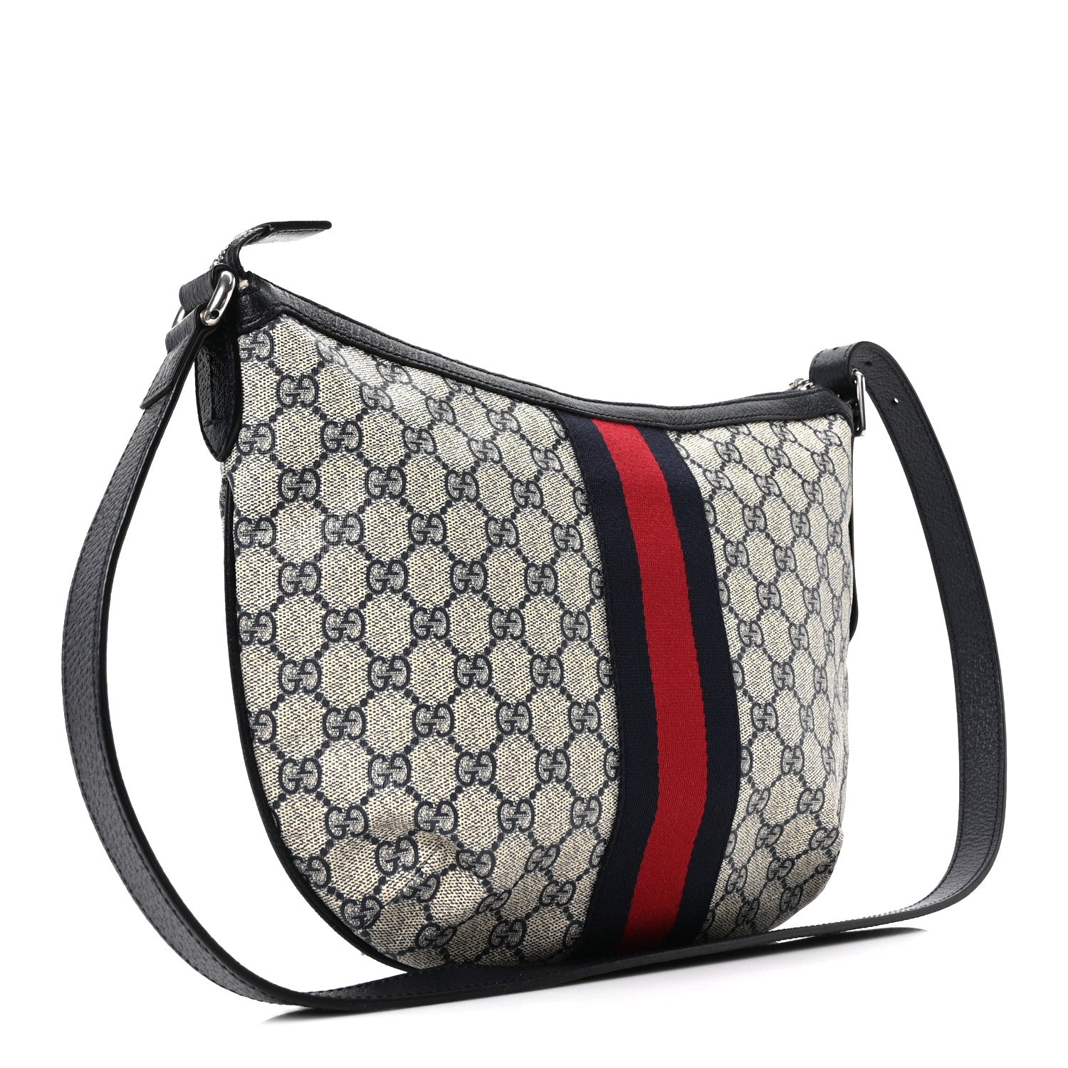 Gucci GG Supreme Monogram Textured Dollar Calfskin Web Small Ophidia Half Moon Hobo Beige Blue 3 of 10