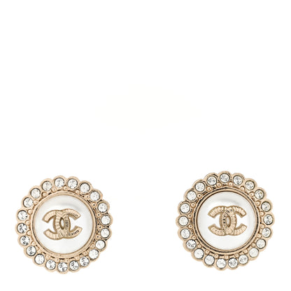 Chanel Metal Pearl Crystal CC Round Earrings Light Gold 1 of 5