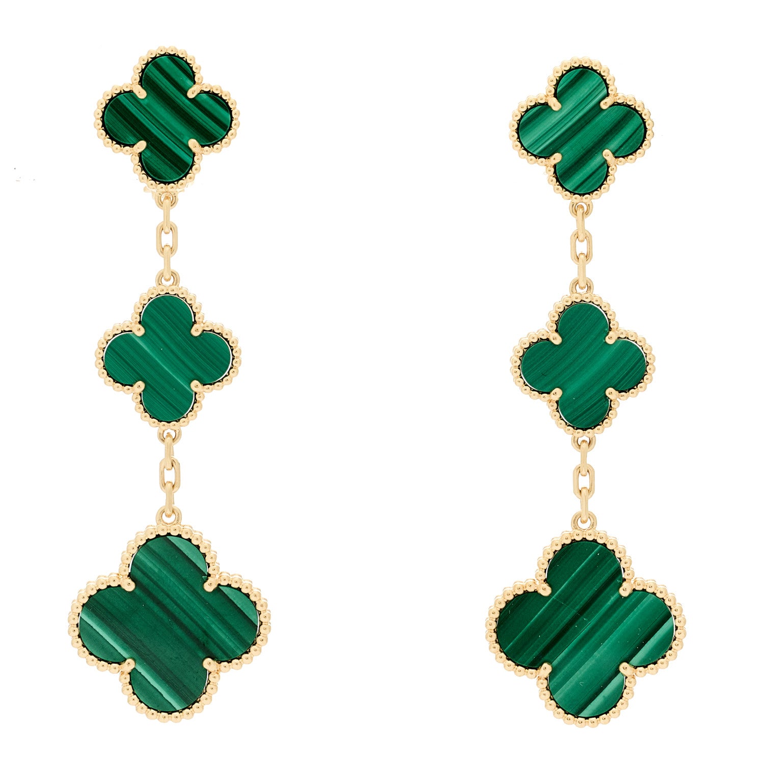 Van Cleef & Arpels 18K Yellow Gold Malachite 3 Motifs Magic Alhambra Earrings 1 of 6
