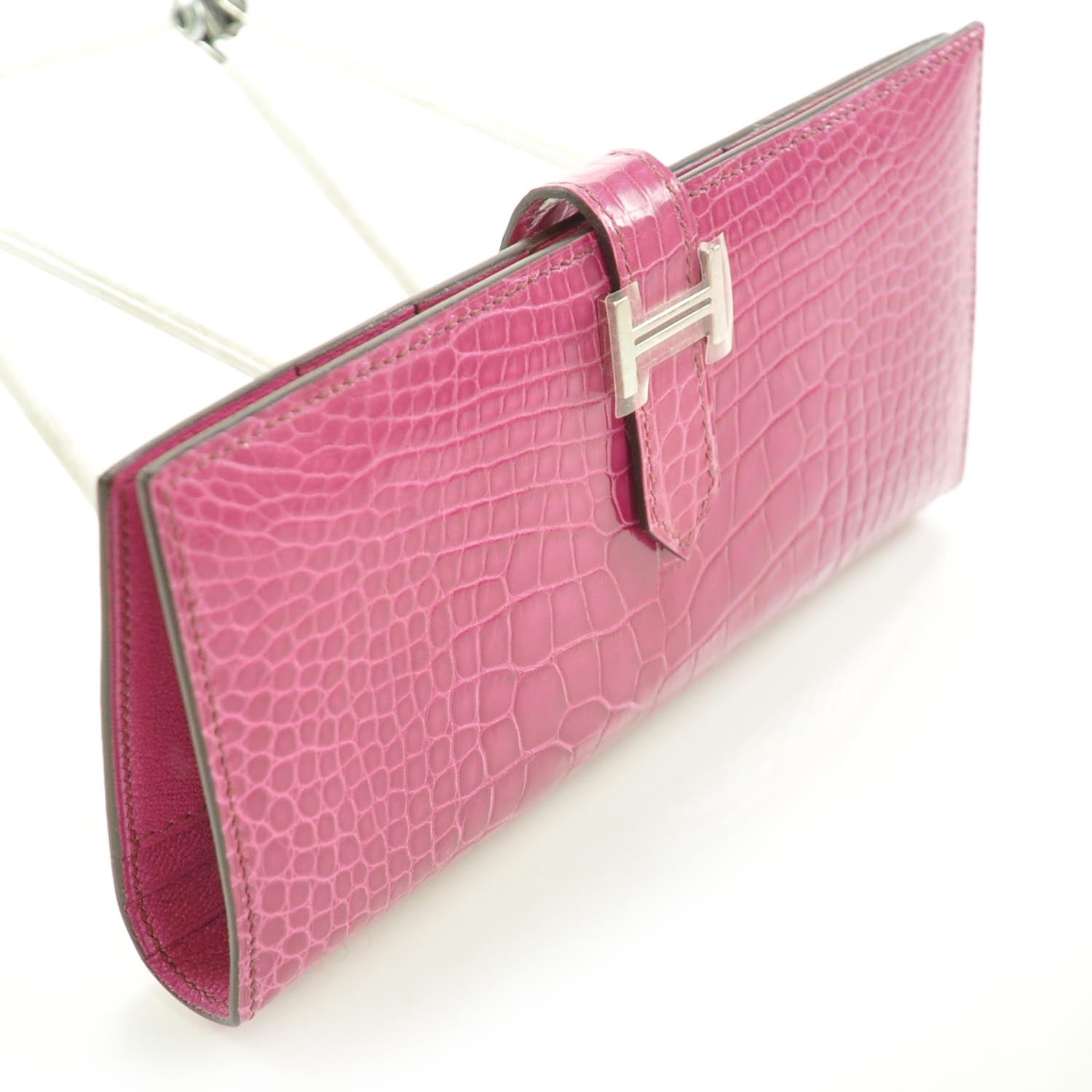 Hermes Shiny Alligator Bearn H Wallet Fuchsia 3 of 10