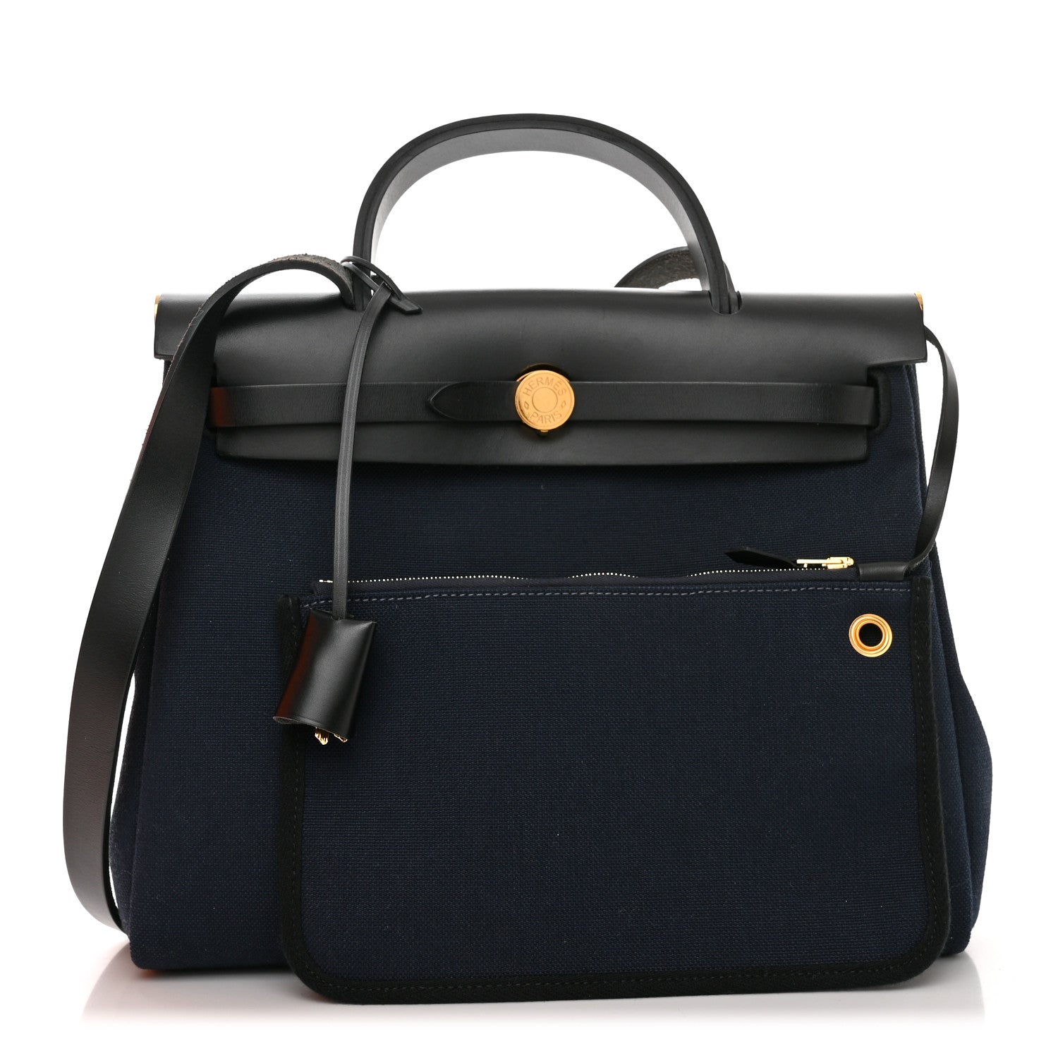 Hermes Military Toile Vache Hunter Herbag Zip Retourne 31 PM Bleu Marine Black 1 of 12