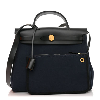 Hermes Military Toile Vache Hunter Herbag Zip Retourne 31 PM Bleu Marine Black 1 of 12