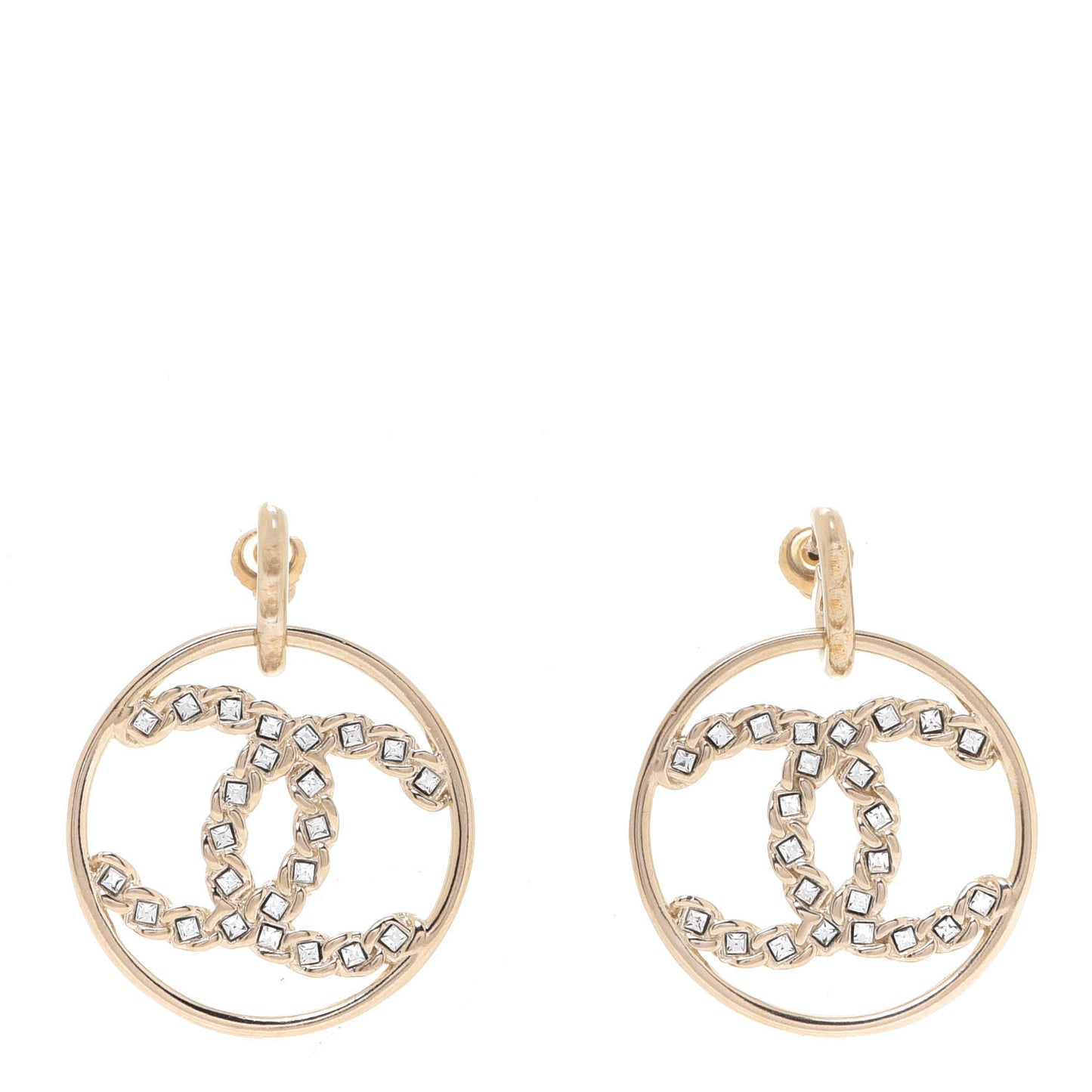 Crystal Chain Chanel Strass CC Drop Earrings Gold