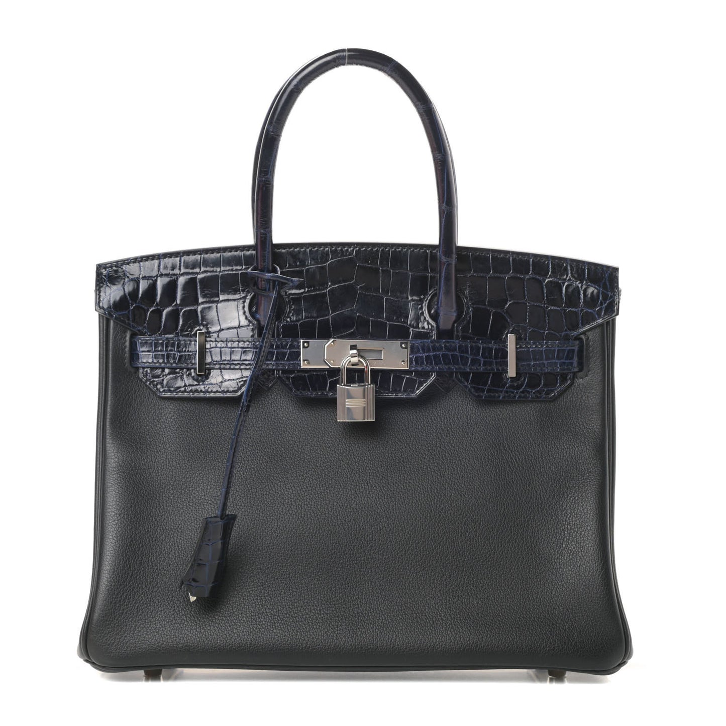Taurillon Novillo Shiny Niloticus Crocodile Birkin Touch 30 Black Bleu Marine