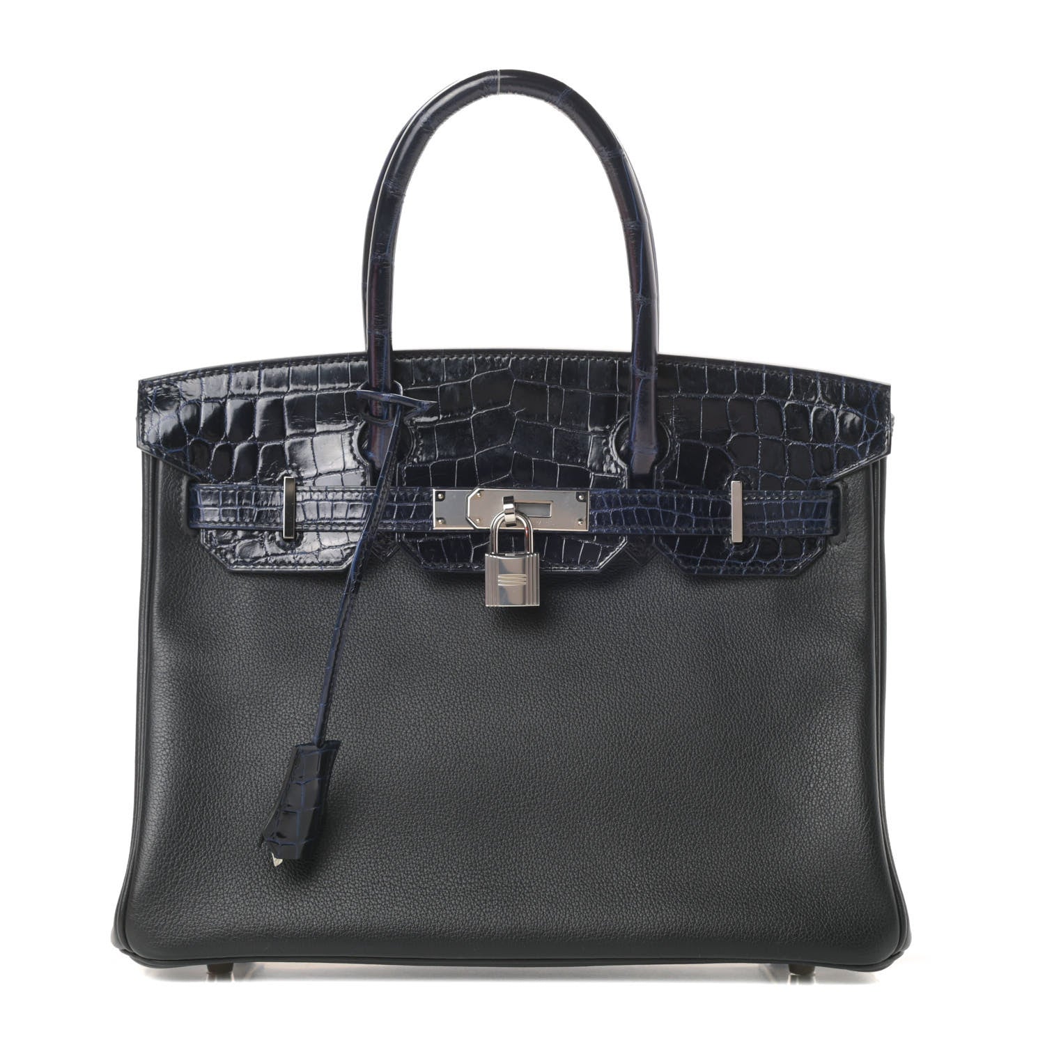 Hermes Taurillon Novillo Shiny Niloticus Crocodile Birkin Touch 30 Black Bleu Marine 1 of 12
