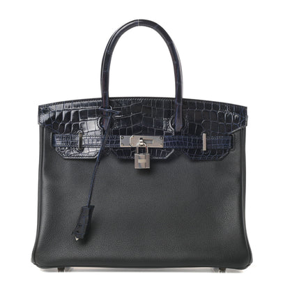 Hermes Taurillon Novillo Shiny Niloticus Crocodile Birkin Touch 30 Black Bleu Marine 1 of 12
